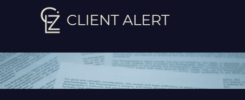 Logo GLZ redeodo de un círculo, en la parte derecha dos palabras "Client Alert", nombre de nuestro cliente que manda el artículo, y en la parte inferior la un recuadro con la imagen de contratos listos para firmar